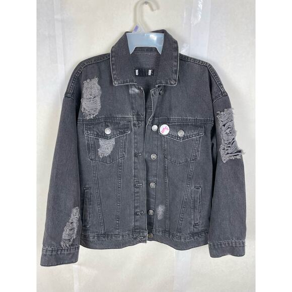 Forever 21 Womens Black Distressed button front Jean jacket size small - Picture 2 of 5